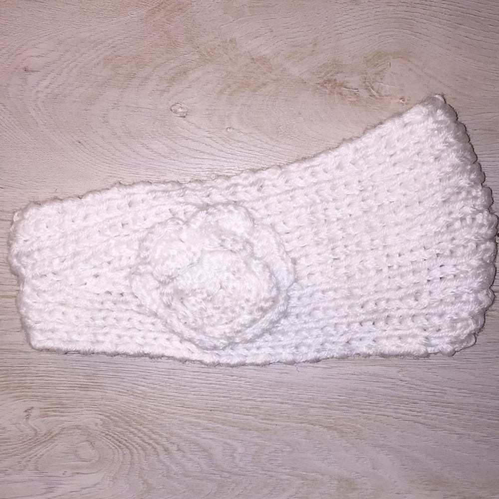 White knitted headband ear warmer with Rose detail